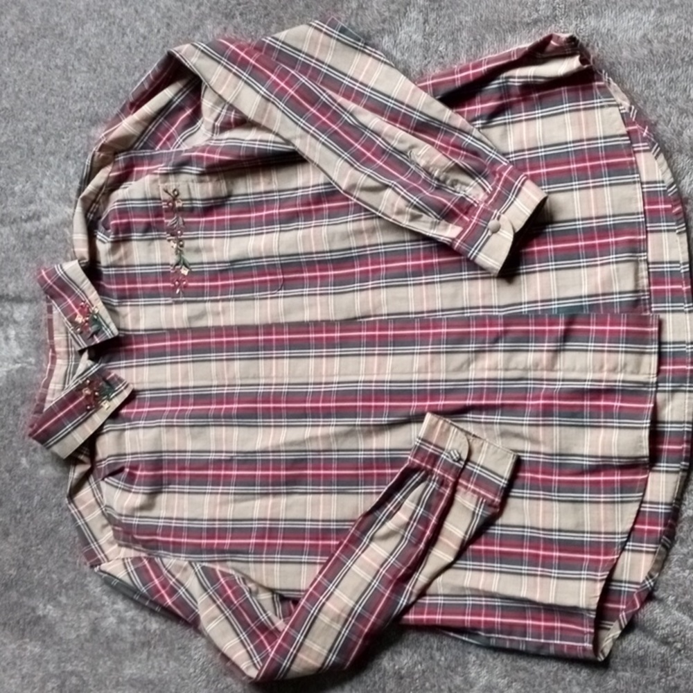 Karen Scott plaid button down with embroidery